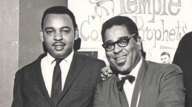 Winston Willis (left) and Dizzy Gillespie (right) in rear of Jazz Temple Building. Gillespie was making one of several appearances at the club when this photo was taken in 1963. (Courtesy Gayle Photography/Willis Family Photographs)