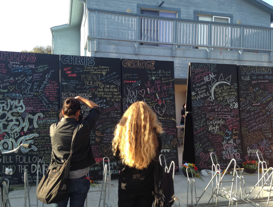 A memorial set up in 2014 to remember the victims of the Isla Vista attacks.