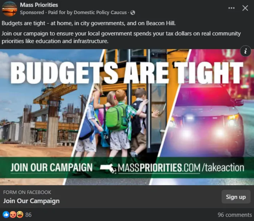 A screengrab of a Mass Priorities Faceboook ad, as seen in 2025.