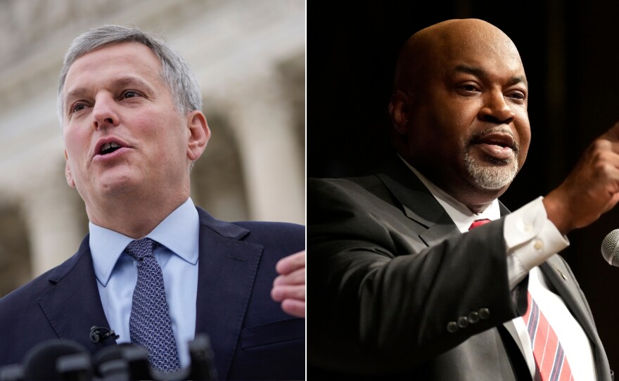 Left: North Carolina Attorney General Josh Stein talks to reporters outside the U.S. Supreme Court after he attended oral arguments in the Moore v. Harper case December 7, 2022, in Washington, DC. Right: Republican Governor Candidate North Carolina Lt. Gov. Mark Robinson speaks at an election night event in Greensboro, N.C., Tuesday, March 5, 2024.