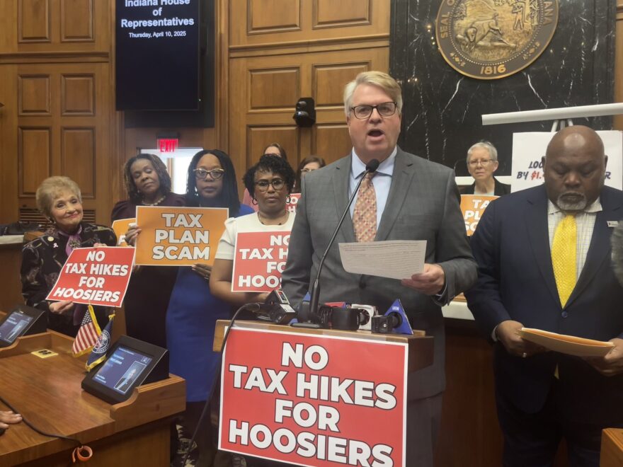 Indiana House Democratic Leader Phil GiaQuinta speaks during an April 2025 news conference on the House floor.