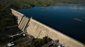 An aerial view shows Friant Dam which holds back Millerton Lake in Friant, Calif., Friday, March 7, 2025.
