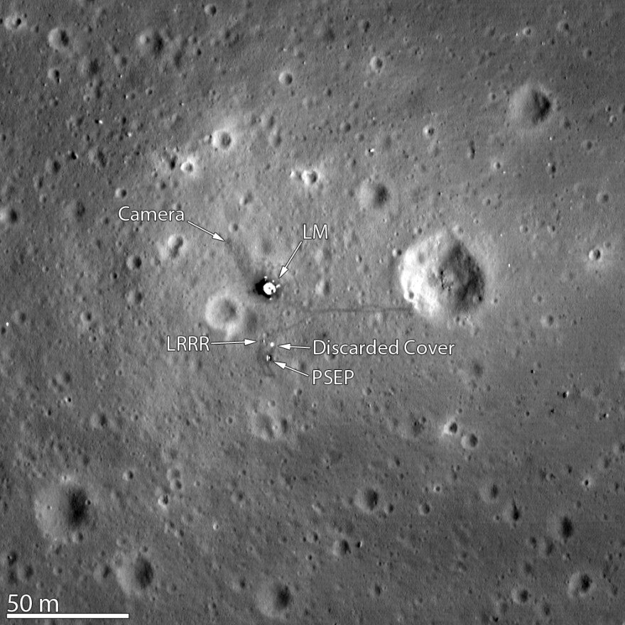 NASA image taken in 2012 by the Lunar Reconnaissance Orbiter (LRO) shows astronauts' footprints and equipment left on the moon by Apollo 11.