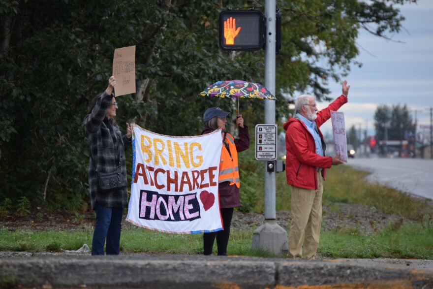 Fairbanksans protested federal Immigration and Customs Enforcement activity throughout the city and rallied to support detained Thai resident Atcharee Buntow on Aug. 23, 2025.