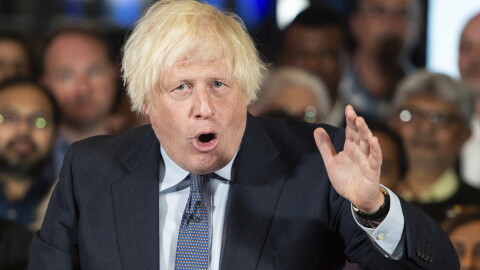 FILE - Former Prime Minister of the United Kingdom, Boris Johnson, delivers a speech at a Conservative Party campaign event at the National Army Museum in London., Tuesday, July 2, 2024. (AP Photo/Thomas Krych,File)