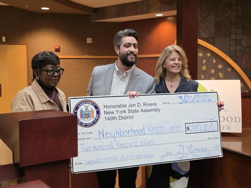 Neighborhood Health Center is receiving state funds to upgrade an existing primary health care clinic while opening a new one. From left to right, Assembly Majority Leader Crystal Peoples-Stokes, Assemblymember Jon Rivera, and Neighborhood Health Center CEO Joanne Haefner. Rivera's $200,000 was matched by Peoples-Stokes, raising the total grant to $400,000.