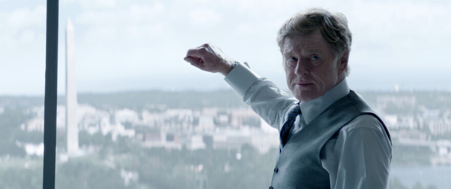 Robert Redford at S.H.I.E.L.D. HQ, with Washington — the city and the monument — in the background.