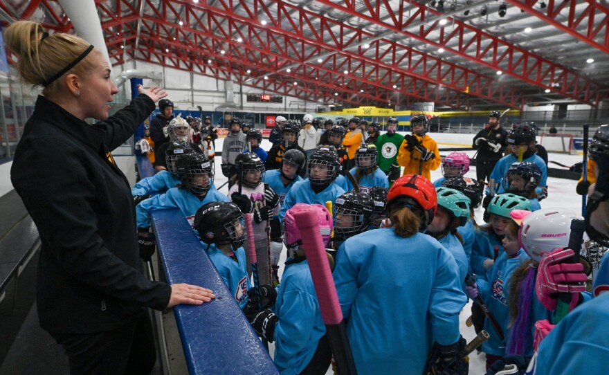 Coach Bobbi Fedele spoke to the girls attending the Girls Learn to Play Hockey For Free clinic at the Toyota SportsPlex in Wilkes-Barre.