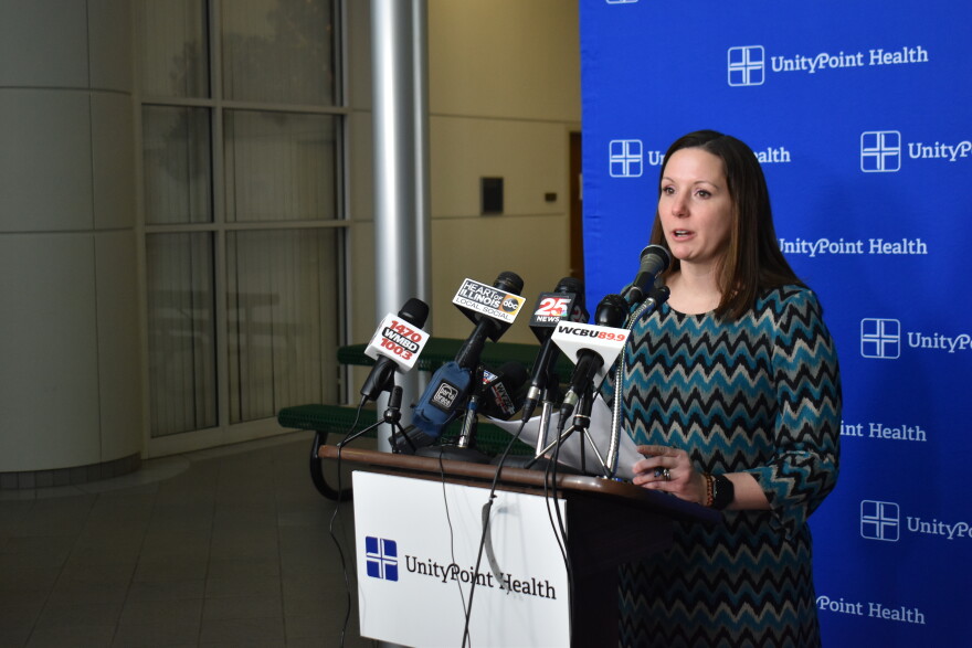 Woodford County Health Department Administrator Hillary Aggertt speaks at a press conference at Peoria's Methodist Atrium on March 14, 2020.