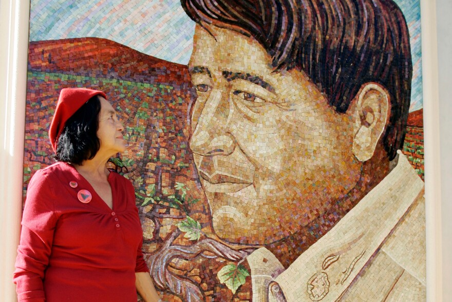 United Farm Workers co-founder Dolores Huerta looks at a mural of the late Cesar Chavez during a dedication of the Cesar Chavez Monument on the San Jose State University campus in San Jose, Calif., Thursday, Sept. 4, 2008.