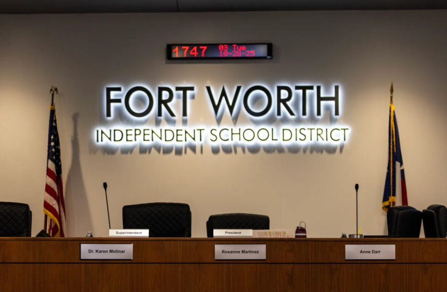 Fort Worth ISD chairs sit vacant during a board meeting on Oct. 28, 2025.