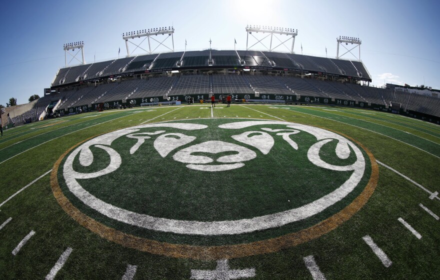 The school logo of Cam the Ram is shown on the field before Colorado State hosts Oregon State in Colorado State's new, on-campus stadium in the first half of an NCAA college football game Saturday, Aug. 26, 2017, in Fort Collins, Colo.