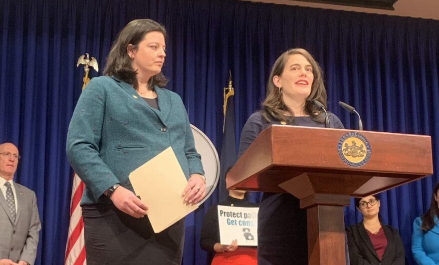 Democratic Representatives Liz Hanbidge and Elizabeth Fiedler, of Montgomery County and Philadelphia, respectively, speak in support of their joint bill. Photo by Katie Meyer.