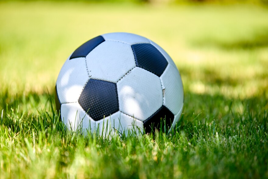 A closeup of a black and white soccer ball in a patch of green grass.