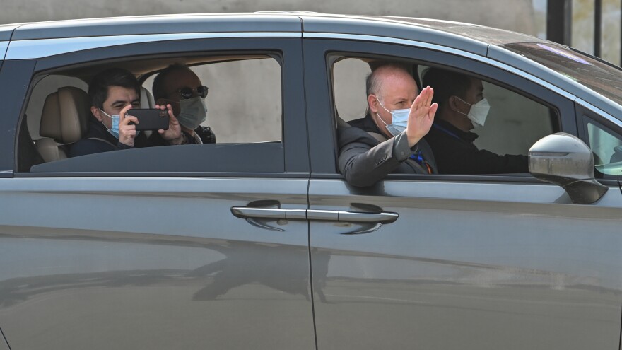 Members of the World Health Organization team investigating the origins of the coronavirus leave the Wuhan Institute of Virology in Wuhan, China, on Feb. 3.