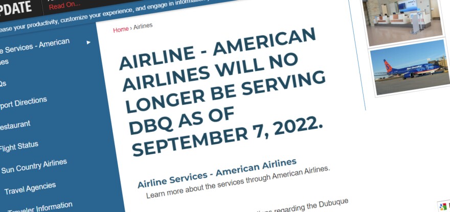 Screenshot of the airline page on the Dubuque Regional Airport website