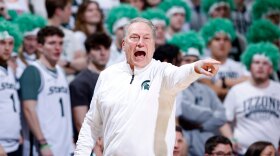 Michigan State coach Tom Izzo gives instructions during the first half of an NCAA college basketball game against Rutgers, Thursday, March 5, 2026, in East Lansing, Mich.