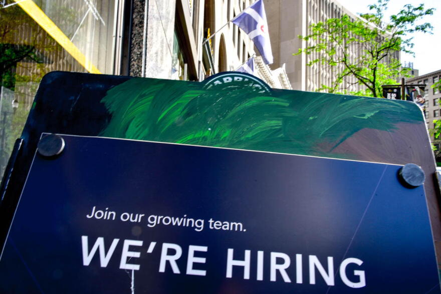A Starbucks in Indianapolis' Monument Circle advertises a job.