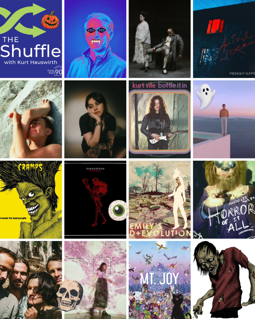 Decorative grid collage of album art and artists with Halloween-themed images