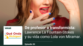 En la imagen se puede observar Lola von Miramar. Ella es una mujer Latina con piel color blanca, pelo largo color rojo, lapiz labial rojo y unas azules. En el lado inferior de la imagen esta el logo de Que Onda Michigan sobre un fondo blanco. En la parte derecha las siguientes palabras estan escritas: "De profesor a transformista: Larry La Fountain-Stokes y su vida como Lola von Miramar "  y "Episodio 50". 