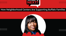 Red background with a thick black stripe in the middle. In the top corner is "EPISODE 330" in white text. then, centered from top to bottom, is: What's Next? logo, "How Neighborhood Centers Are Supporting Buffalo Families", then a photo of Chandra Redfern with her name underneath.
