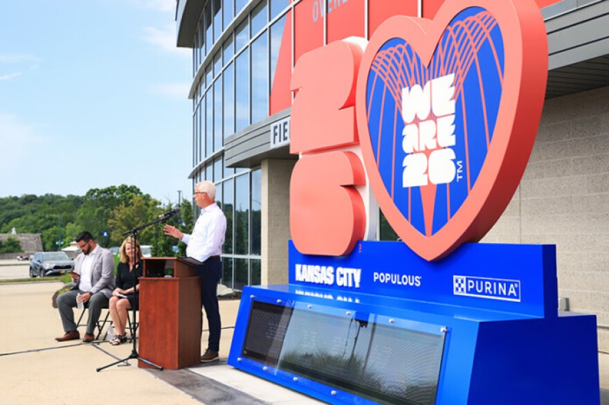 Overland Park Mayor Curt Skoog and other local leaders unveiled the World Cup Countdown Clock at the Scheels Soccer Complex on Monday.