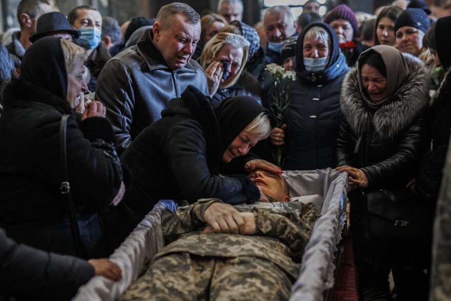 <strong>March 11:</strong> Funeral ceremony is held for three Ukrainian servicemen Taras Didukh (25), Andrii Stefanyshyn (39) and Dmytro Kabakov (58) in Lviv, Ukraine.