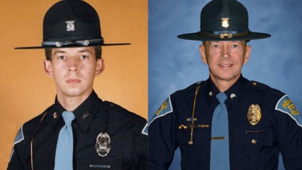 Indiana State Police Trooper Todd Ringle early in his career (left) and later (right)
