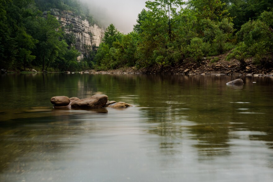 Fog envelopes Buffalo National River watershed.