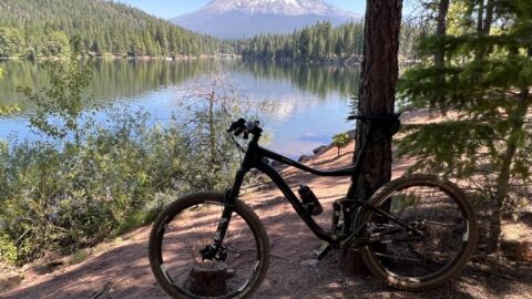 Lake Siskiyou Trail along the shoreline near Mount Shasta, with a wide path, trees and views of the lake and surrounding mountains.