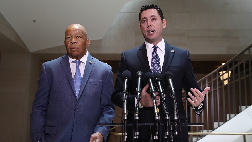 House Oversight Committee Chairman Jason Chaffetz, R-Utah (right), and ranking member Rep. Elijah Cummings, D-Md., speak to reporters about Michael Flynn, President Trump's former national security adviser, on Tuesday in Washington, D.C.