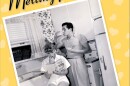 A yellow book cover has black and red writing and a black-and-white photo of a woman reading a book while sitting on a stool in a kitchen and a man stands behind her drinking a beverage.