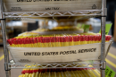 A United States Postal Service-branded tray on a metal shelf stuffed with ballots. Many more trays are partially visible on the same shelf as well as higher and lower shelves.