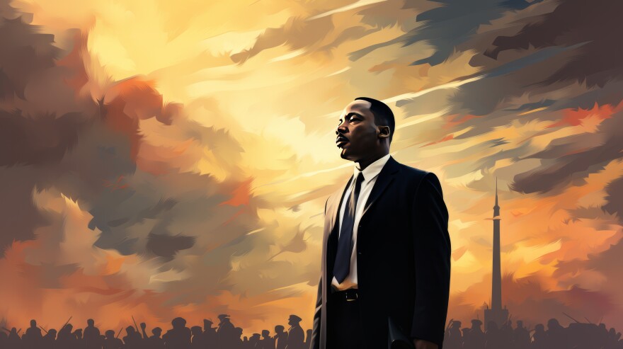 An illustration of Martin Luther King Jr standing tall against a cloudy sky, with indistinct figures and the Washington Memorial appearing behind him