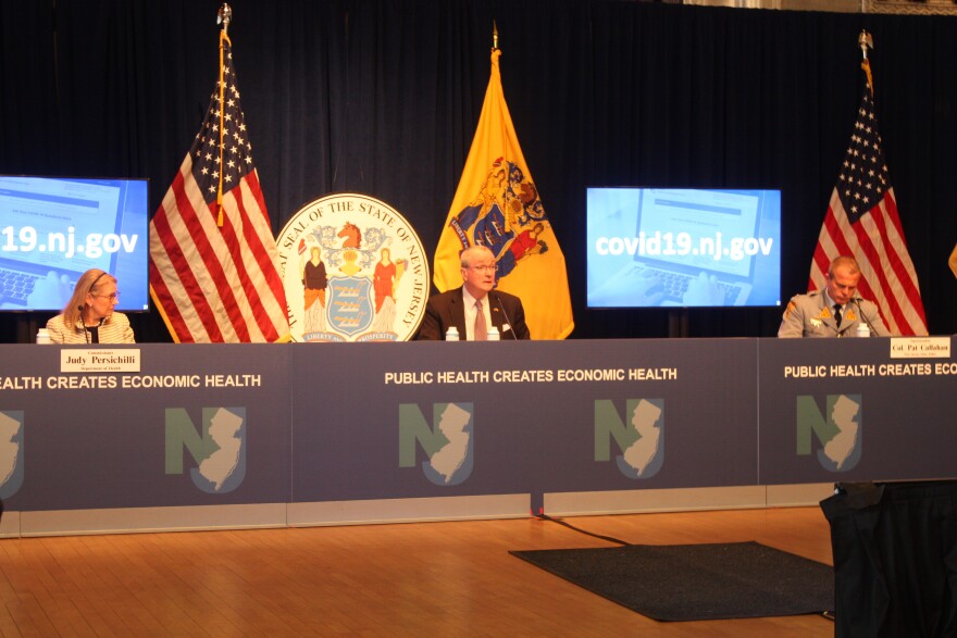 New Jersey Gov. Phil Murphy (center) with state Health Commissioner Judy Persichilli and State Police Superintendent Pat Callahan during the governor's COVID-19 briefing on Mar. 24, 2021.