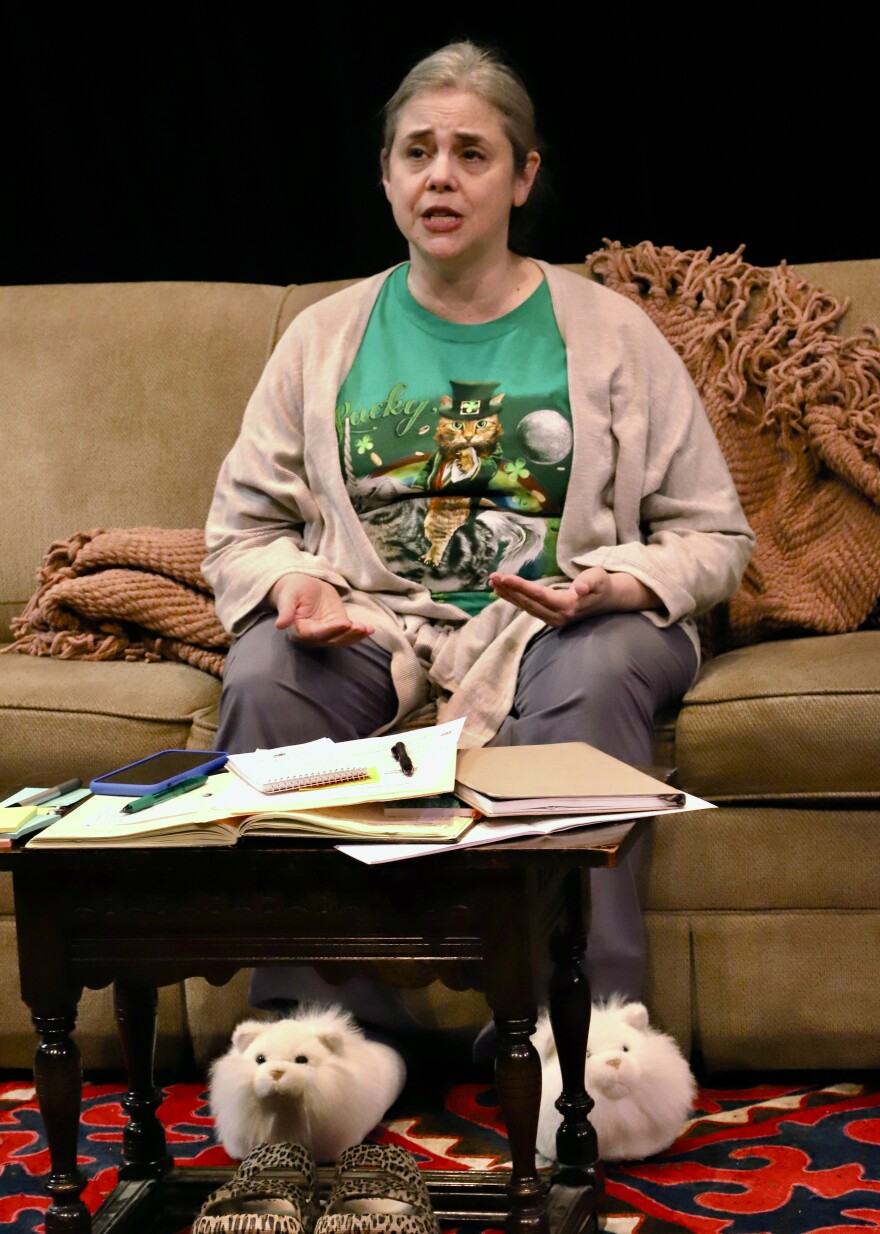 Woman in cat shirt and fuzzy cat slippers sitting on couch.