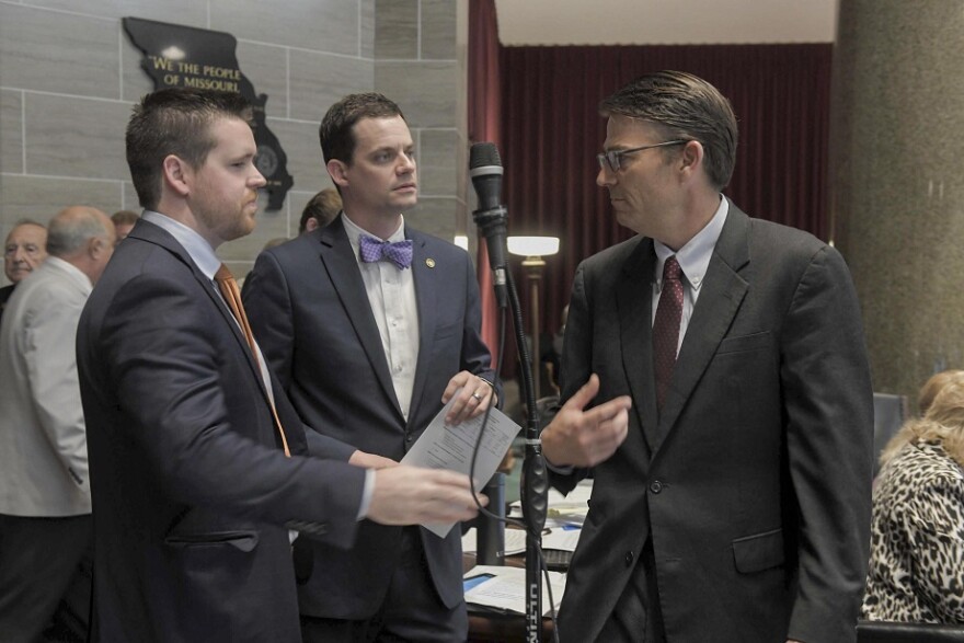 Left to right: Missouri state representatives Scott Fitzpatrick, R-Shell Knob, and Justin Alferman, R-Hermann, along with  House Speaker Todd Richardson, R-Poplar Bluff, during Wednesday's final budget debates.