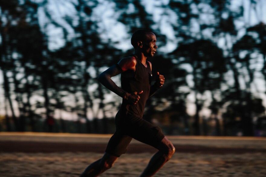 Olympic medalist Eliud Kipchoge runs during a training session in Eldoret, Kenya. He's one of three elite long distance runners who participated in Nike's Breaking2 project — an attempt to run a two-hour marathon.