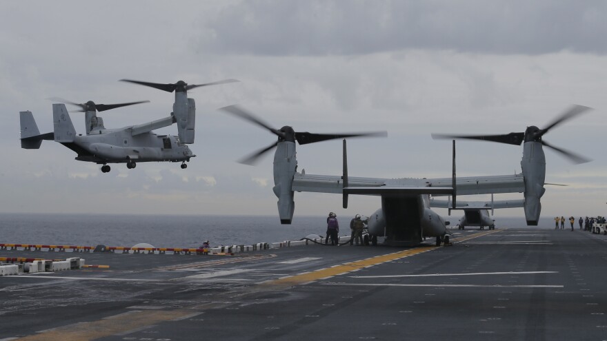 The wreckage of a U.S. Marine Osprey has been found underwater off the coast of northeast Australia. The aircraft had taken off from the USS Bonhomme Richard amphibious assault ship, seen here during exercises earlier this summer.