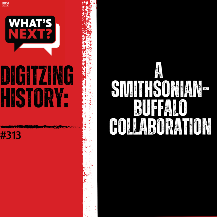 Background from left to right: red, then a vertical, thick white stripe in the middle, then black. from left to right: WN logo in the top corner, "TDIGITIZING HISTORY:" and "#308" in black text over the red and "A SMITHSONIAN-BUFFALO COLLABORATION" in white text over the black.