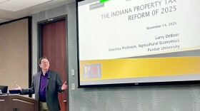 Larry DeBoer, an emeritus professor of agricultural economics at Purdue University, presents an analysis of recent Indiana property tax changes on Nov. 14, 2025.