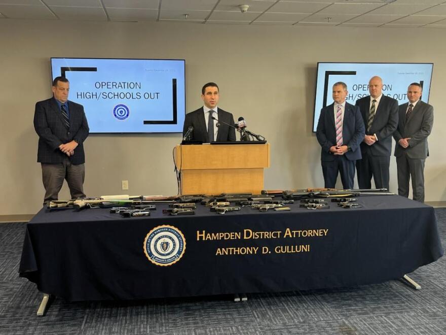 Hampden District Attorney Anthony Gulluni discusses a recent drug and weapons bust in Springfield, Mass. during a press conference on Dec. 19, 2023. 