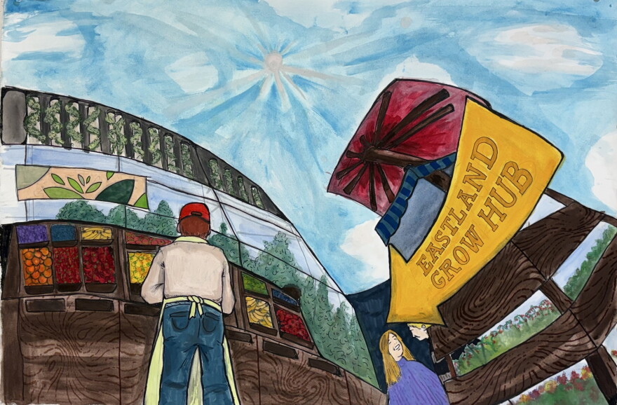 a hand drawn picture of a man standing in front of a fruit stall, and a sign pointing to the Eastland Grow Hub