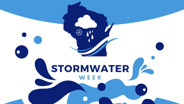 Blue shapes of water, plus one shaped like Wisconsin, on an ad for Stormwater week
