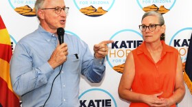 John Giles, chosen by Katie Hobbs to be her running mate, addresses a rally of supporters, August 16, 2026.