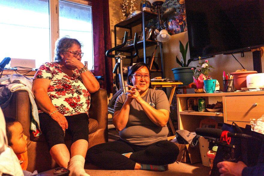 Marie White and her daughter, Patricia Twitchell, who evacuated to Bethel from Kwigillingok after ex-typhoon Halong, share about their experiences in Bethel on Oct. 1, 2026.