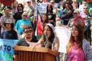 San Antonio Coalition for Palestine leader Sara Masoud speaking in front of City Hall on Saturday.