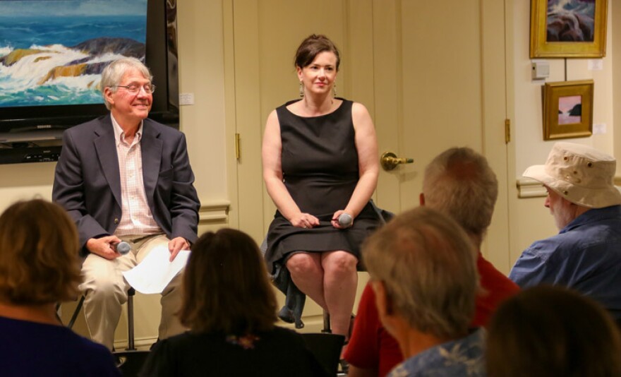 News Producer Ed Morin (l.), and All Things Considered Host/Producer Nora Flaherty (r.) in front of the assembled Maine Public audience members at the Camden Public Library Aug., 22.