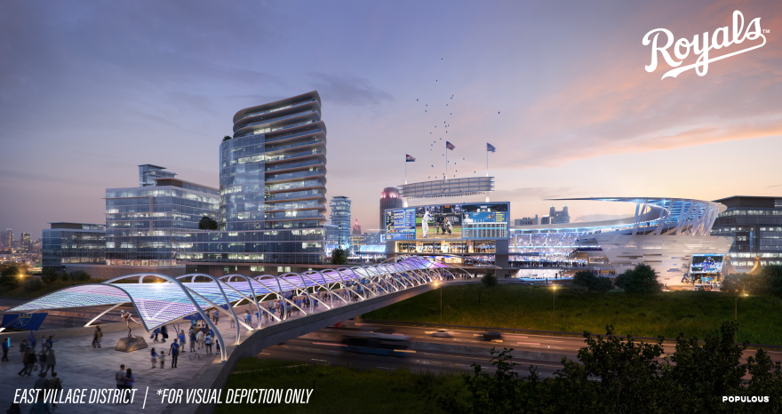 A rendering shows a bridge above a highway where people can walk into the stadium.