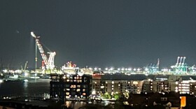 The Orion, which sports a nearly 300-foot-tall crane (left), looms over the container cranes at the Port of Virginia facility next door. (Photo courtesy of Tina Wright)